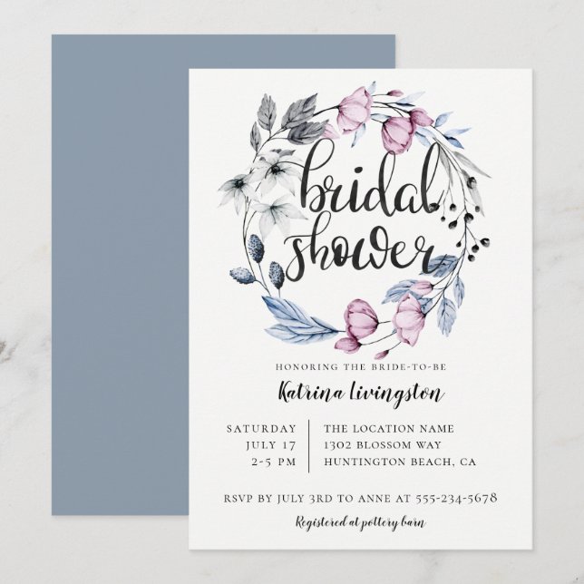 Dusty Blue Mauve Floral Wreath Bridal Shower Invitation (Front/Back)