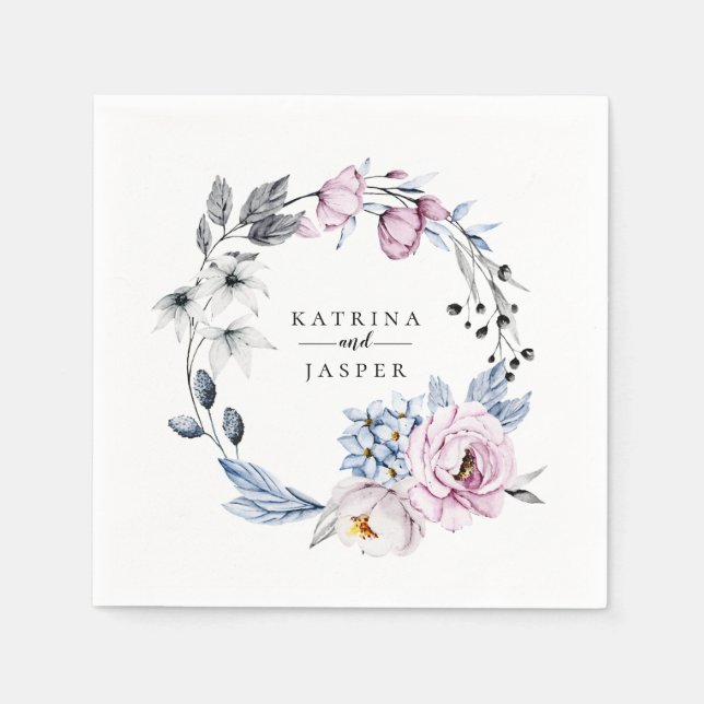 Dusty Blue Mauve Floral Wreath Napkin (Front)