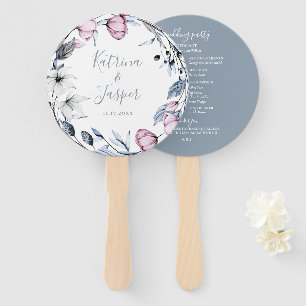 Dusty Blue Mauve Floral Wreath Wedding Hand Fan