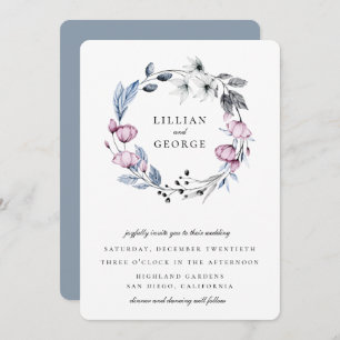 Dusty Blue Mauve Floral Wreath Wedding Invitation