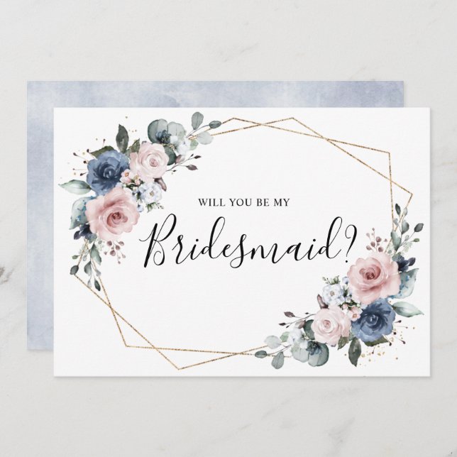 Dusty Blue Mauve Geometric Bridesmaid Proposal Invitation (Front/Back)