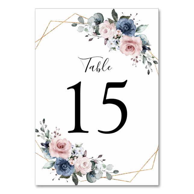 Dusty Blue Mauve Greenery Floral Geometric Table Number (Front)