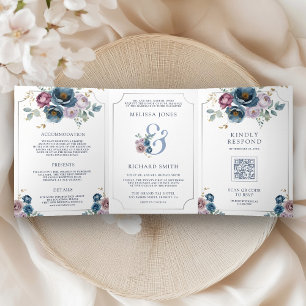 Dusty Blue Mauve Purple Floral Ampersand Wedding Tri-Fold Invitation