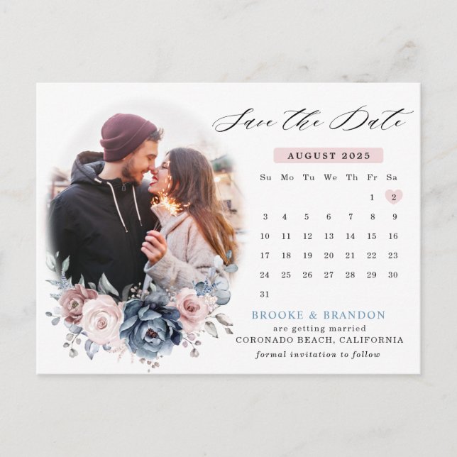 Dusty Blue Mauve Rose Photo calendar save the date Postcard (Front)