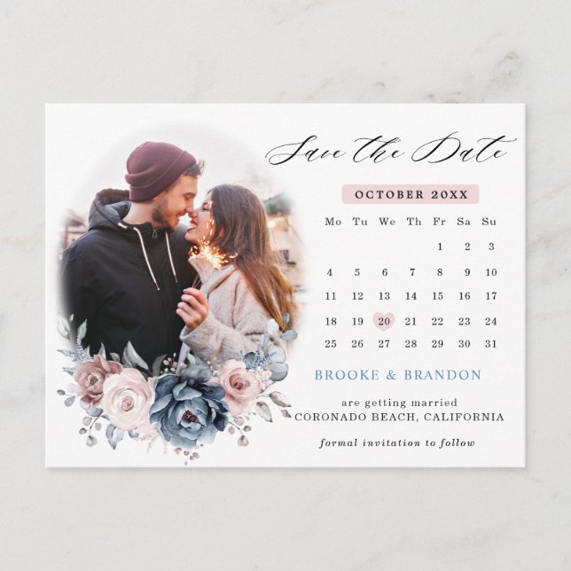 Dusty Blue Mauve Rose Photo calendar save the date Postcard (Front)