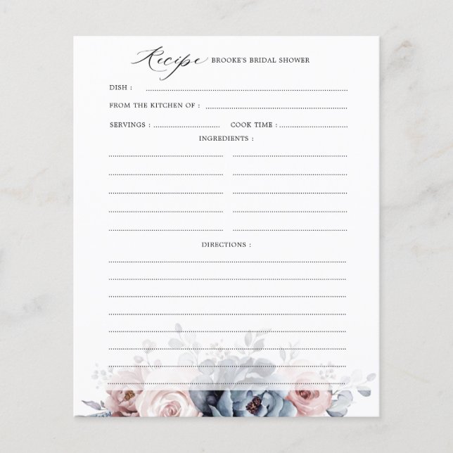 Dusty Blue Mauve Rose Pink Bridal Shower Recipe   (Front)