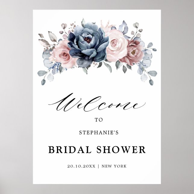 Dusty Blue Mauve Rose Pink  Bridal Shower Welcome  Poster (Front)