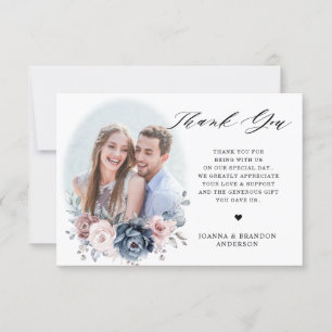 Dusty Blue Mauve Rose Pink Floral Photo Thank You Card