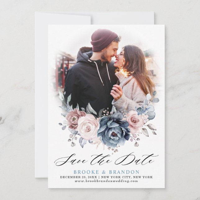 Dusty Blue Mauve Rose Pink Floral Save the Date (Front)