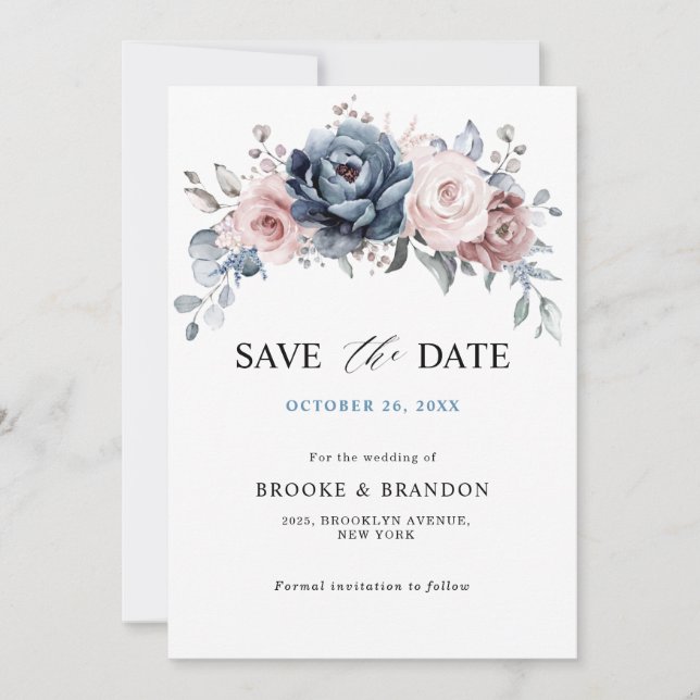 Dusty Blue Mauve Rose Pink Floral Save the Date (Front)