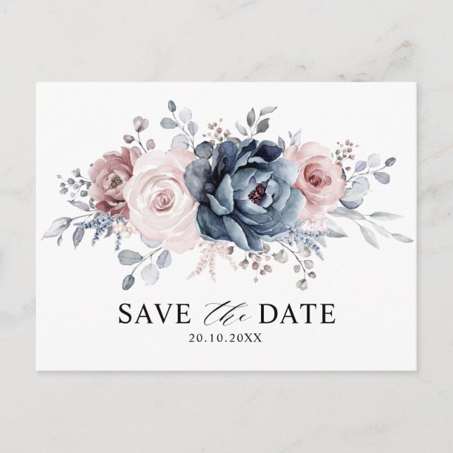Dusty Blue Mauve Rose Pink Floral Save the Date Postcard (Front)