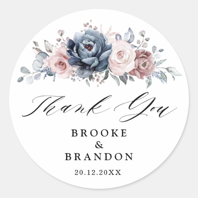Dusty Blue Mauve Rose Pink Floral Thank you Classic Round Sticker (Front)