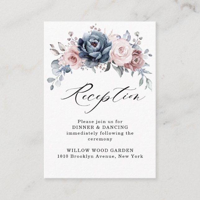 Dusty Blue Mauve Rose Pink Slate Floral details Enclosure Card (Front)