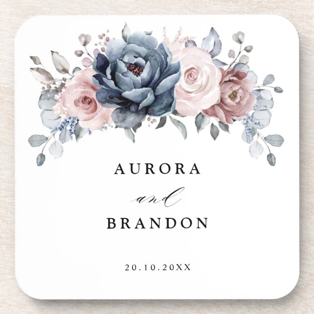 Dusty Blue Mauve Rose Pink Slate Floral Wedding  Coaster (Front)