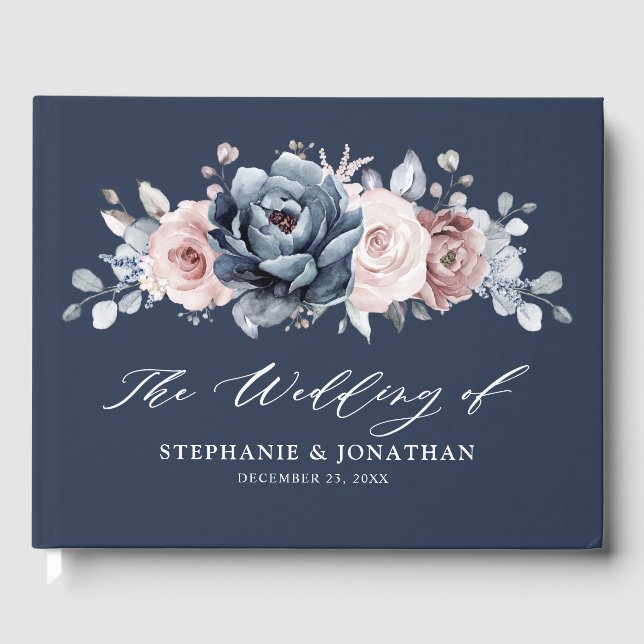 Dusty Blue Mauve Rose Pink Slate Floral Wedding  G Guest Book (Front)