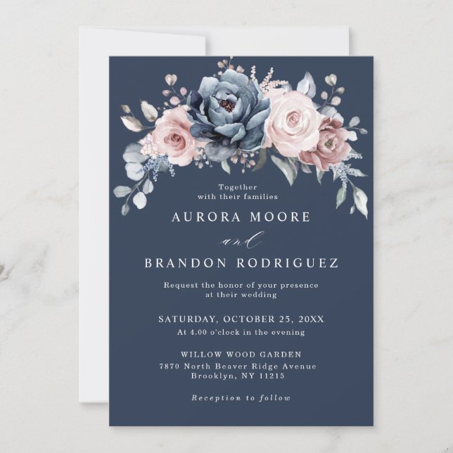 Dusty Blue Mauve Rose Pink Slate Floral Wedding In Invitation (Front)