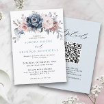 Dusty Blue Mauve Rose Pink Slate Floral Wedding Invitation<br><div class="desc">Elegant and modern floral midsummer wedding invitation with QR code RSVP on back features a bouquet of watercolor roses peonies in shades of slate, dusty blue, dusty rose, dusty pink , mauve, sage with lush green botanical leaves and eucalyptus. Please find more matching designs and variations from my "blissweddingpaperie" store....</div>