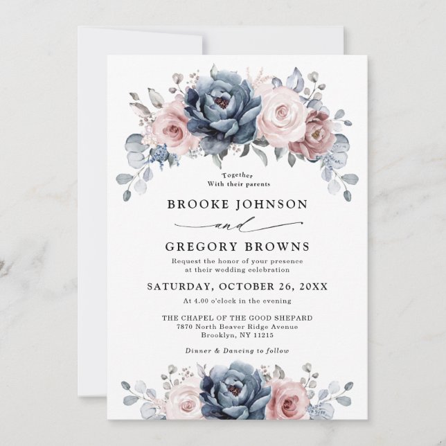 Dusty Blue Mauve Rose Pink Slate Floral Wedding  Invitation (Front)