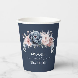 Dusty Blue Mauve Rose Pink Slate Floral Wedding  P Paper Cups