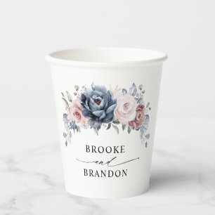 Dusty Blue Mauve Rose Pink Slate Floral Wedding  Paper Cups