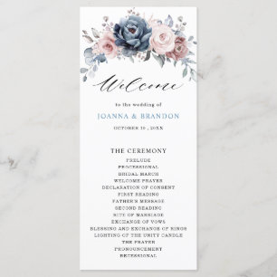 Dusty Blue Mauve Rose Pink Slate Floral Wedding Program
