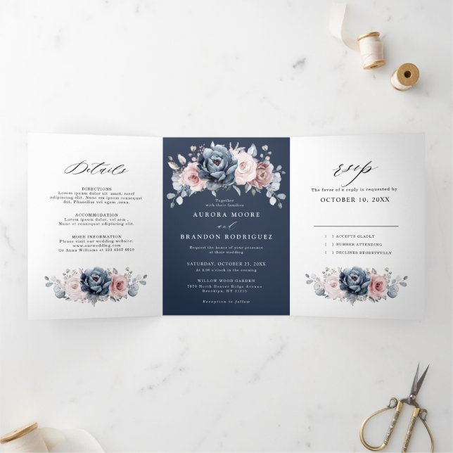 Dusty Blue Mauve Rose Pink Slate Floral Wedding  T Tri-Fold Announcement (Inside)