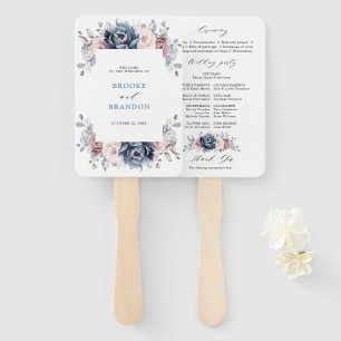 Dusty Blue Mauve Rose Pink Slate Wedding Program   Hand Fan
