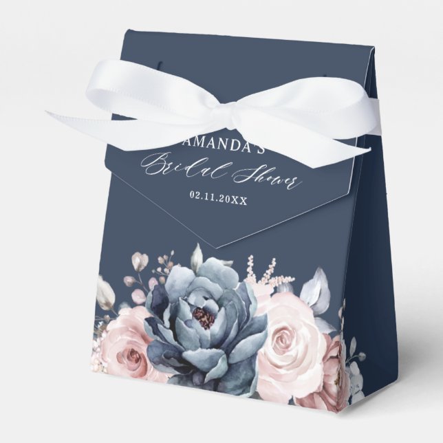 Dusty Blue Mauve Rose Slate Floral Bridal Shower F Favour Box (Front Side)