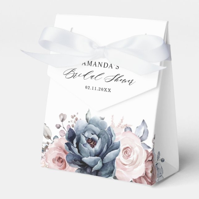Dusty Blue Mauve Rose Slate Floral Bridal Shower Favour Box (Front Side)
