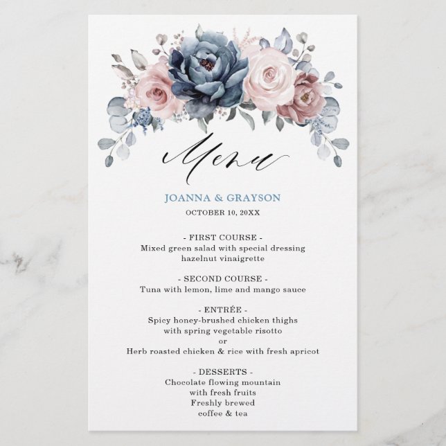 Dusty Blue Mauve Rose Slate Floral Wedding Menu (Front)