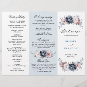 Dusty Blue Mauve Rose  Wedding Tri-Fold Program 