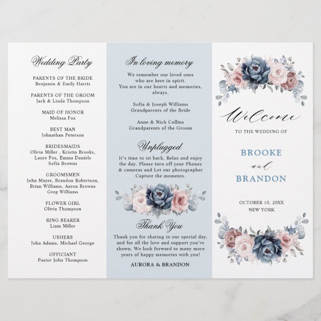 Dusty Blue Mauve Rose  Wedding Tri-Fold Program  (Front)