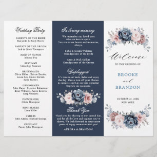 Dusty Blue Mauve Rose  Wedding Tri-Fold Program 