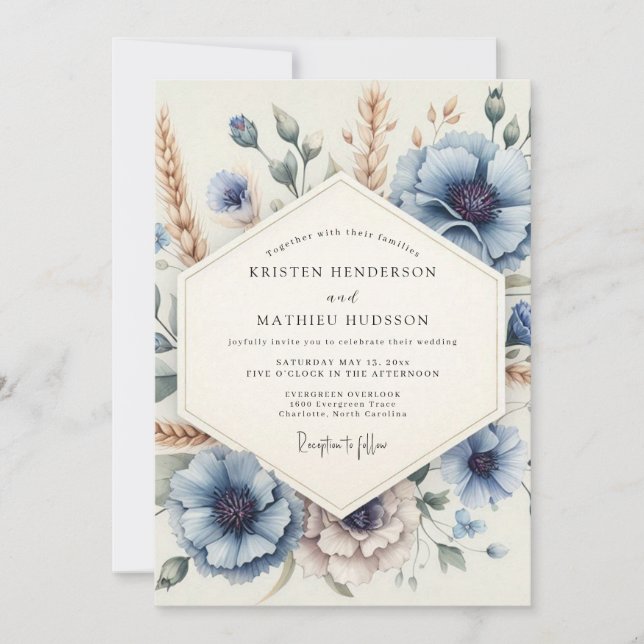 Dusty Blue Meadow Bloom Wedding Invitation (Front)