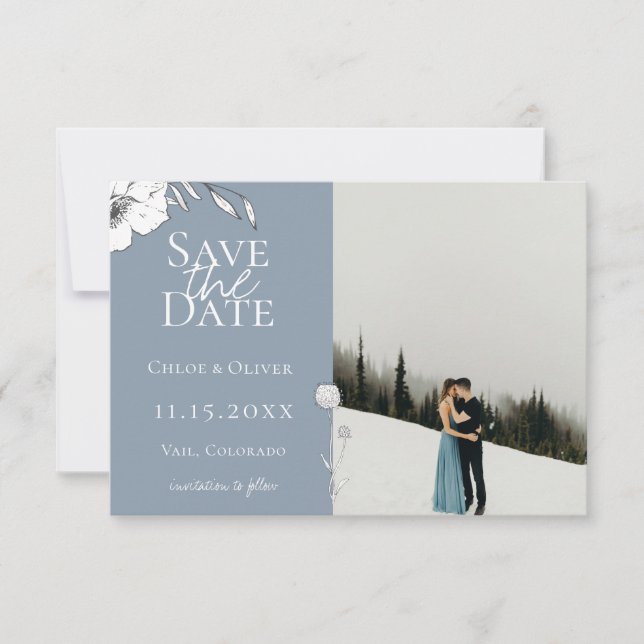 Dusty Blue Meadow Photo Save The Date Announcement (Front)