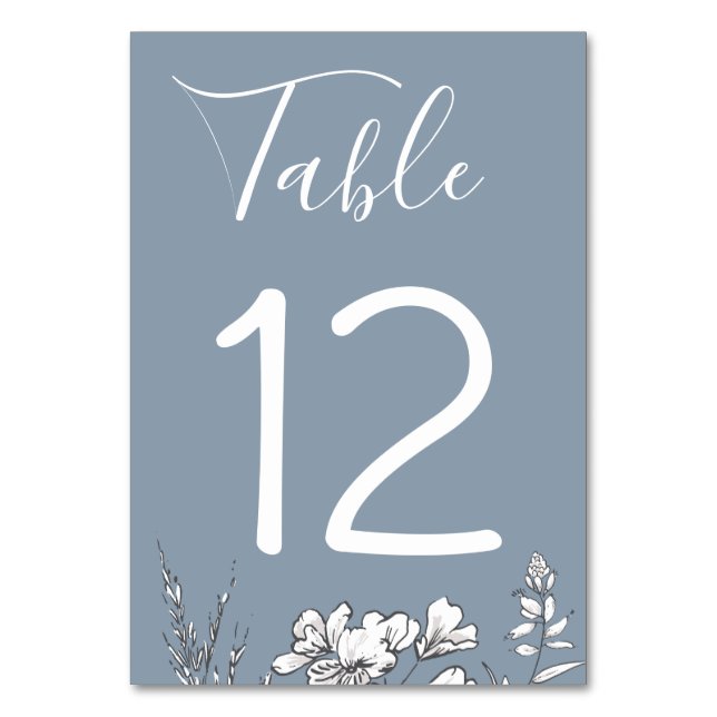 Dusty Blue Meadow Wedding Table Number Card (Front)