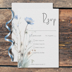 Dusty Blue Meadow Wildflowers Modern Three Dinner RSVP Card