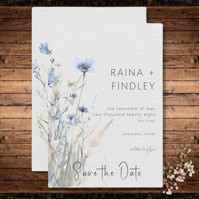 Dusty Blue Meadow Wildflowers Modern Wedding Save The Date (Dusty Blue Meadow Wildflowers Modern Wedding Save The Date)