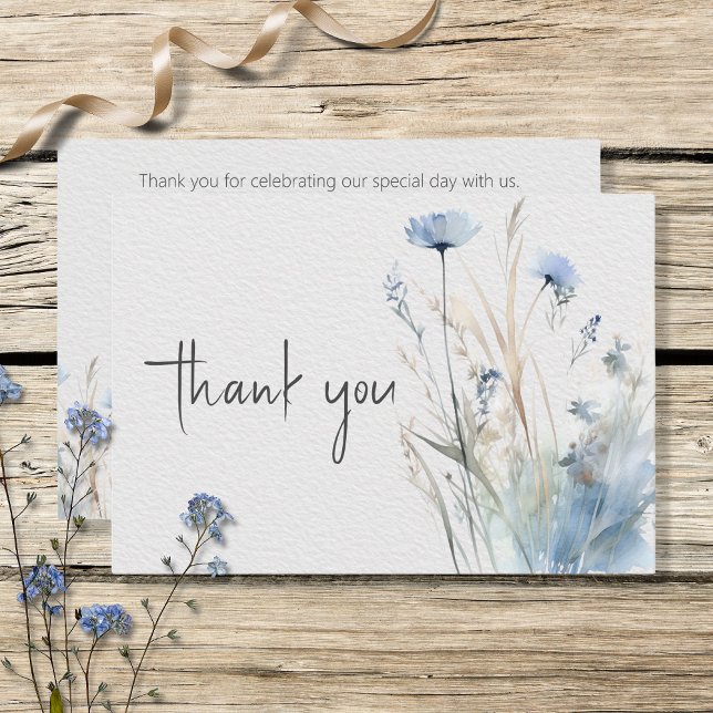 Dusty Blue Meadow Wildflowers Modern Wedding Thank You Card (Creator Uploaded)