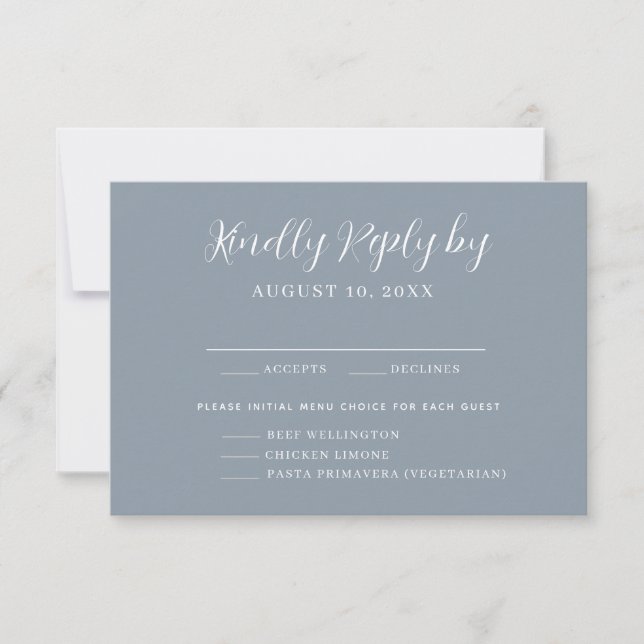 Dusty Blue Menu Choice Wedding RSVP Card (Front)