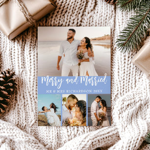 Dusty Blue Merry & Married Photo Collage Christmas Holiday Card
