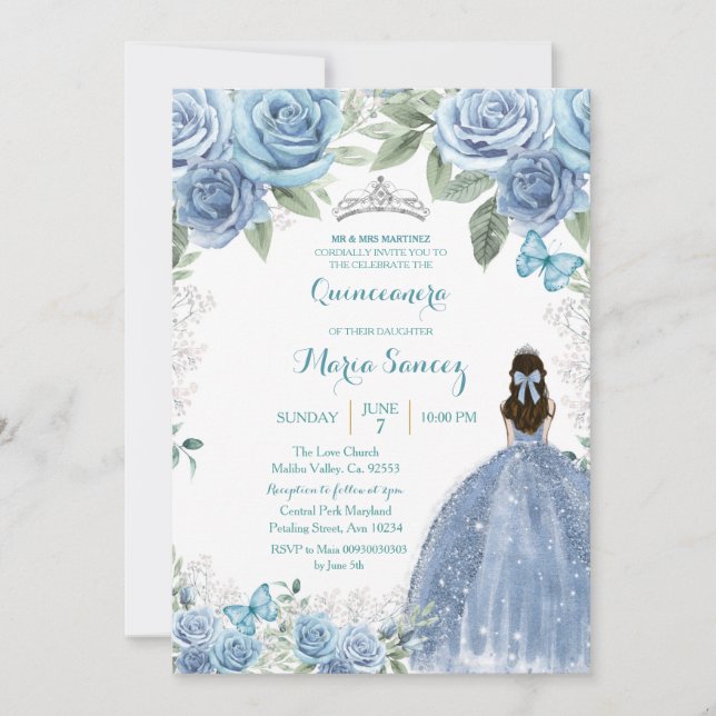 Dusty Blue Mexican Girl Charra Mis Quince Invitation (Front)