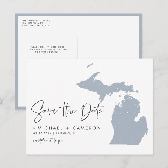 Dusty Blue Michigan Map QR Code Save the Date Announcement Postcard (Front/Back)