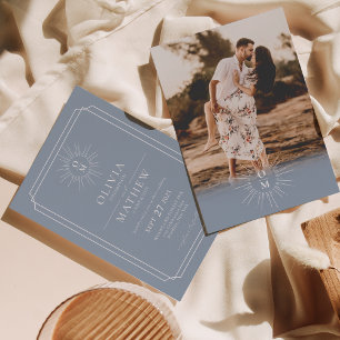 Dusty Blue Mid Century 70s Monogram Photo Wedding Invitation