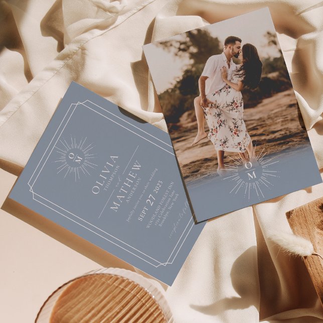 Dusty Blue Mid Century 70s Monogram Photo Wedding Invitation (Creator Uploaded)