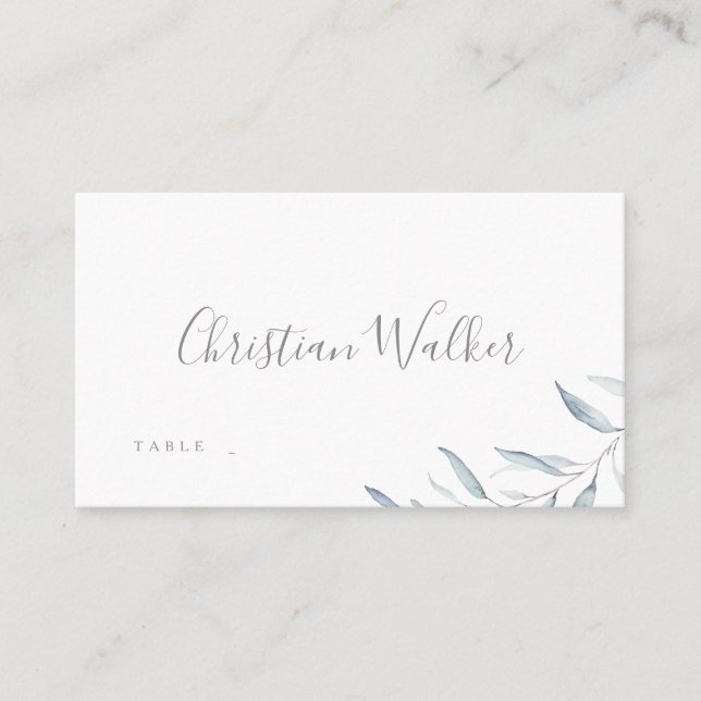 Dusty blue minimal botanical greenery wedding place card (Front)