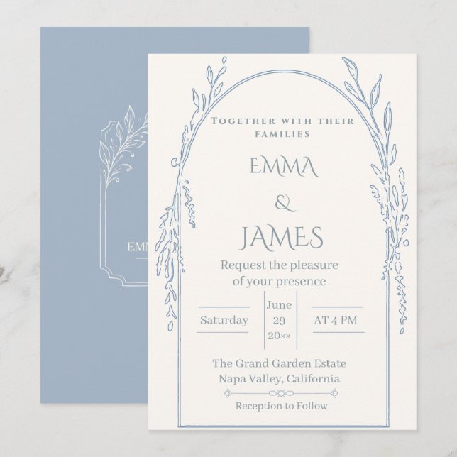 Dusty Blue Minimal Botanical Wedding Invitation (Front/Back)