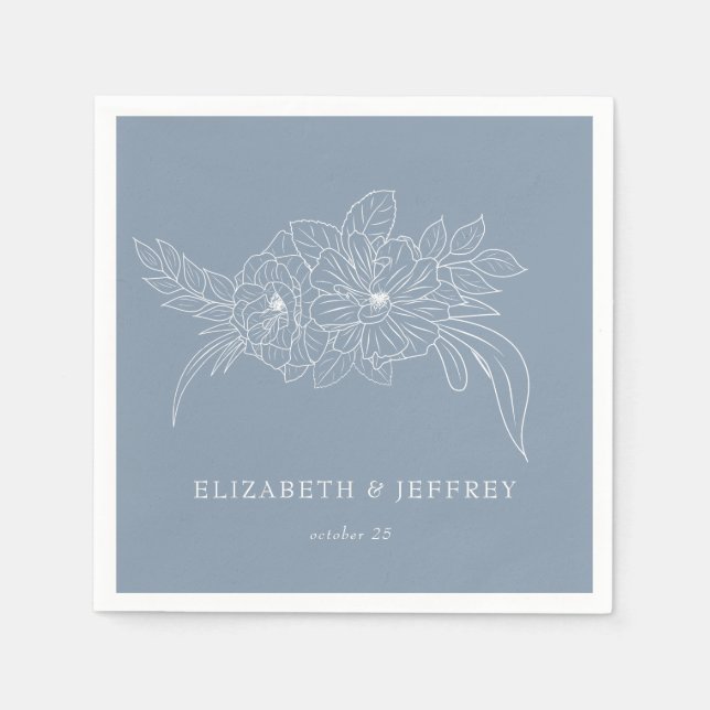 Dusty Blue Minimal Elegant Floral Sketch Wedding Napkin (Front)