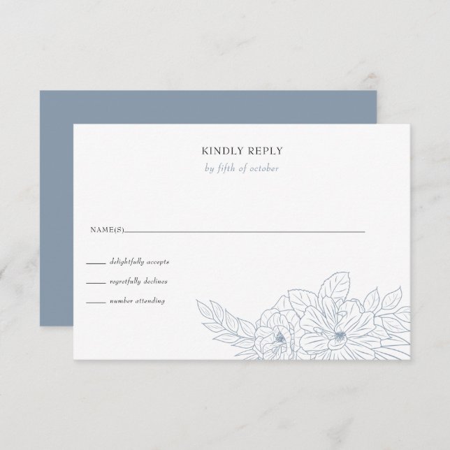 Dusty Blue Minimal Elegant Floral Sketch Wedding RSVP Card (Front/Back)