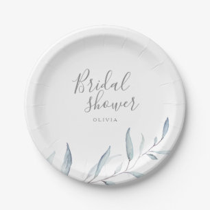 Dusty blue minimal greenery leaves bridal shower paper plate